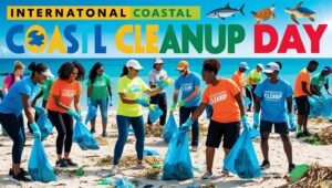 A vibrant scene of diverse volunteers of all ages participating in a coastal cleanup. They are wearing gloves and holding trash bags while picking up litter on a sandy beach. In the background, you can see a clear blue ocean, a sunny sky, and the words "International Coastal Cleanup Day" prominently displayed in bold, colorful text, with images of marine life like fish and turtles subtly integrated into the design.