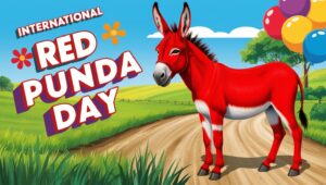 Create an illustration featuring a vibrant red donkey standing in a picturesque rural setting. The background should include lush green fields and a clear blue sky. Overlay the text "International Red Punda Day" in bold, colorful letters at the top. Add playful elements like flowers or balloons to convey a festive atmosphere.